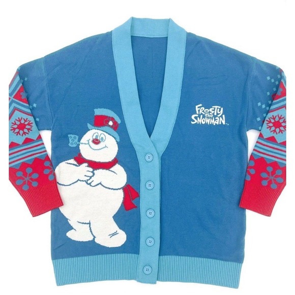 Frosty The snowman Sweater Cardigan Large Button Up Vneck - Picture 2 of 8